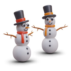Two snowmen in cartoon style. Positive winter characters in top hats and scarves. 3D vector objects, front and side view. Set of Christmas illustrations for winter promotions, greetings