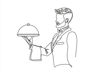Continuous one line drawing of Waiter holding food tray. One line drawing. Restaurant worker concept. Menu food design. Vector