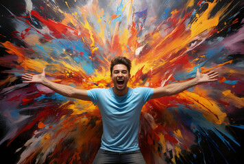 Art therapy participant passionately expressing emotions through vibrant abstract painting  - obrazy, fototapety, plakaty