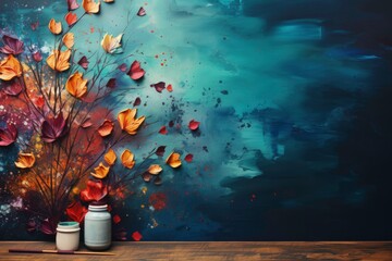 Art therapy materials scattered colorful background with empty space for text 