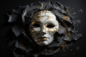 A mask falling apart revealing the truth isolated on a black gradient background 