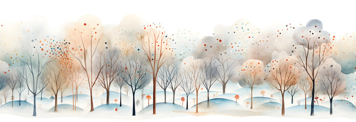 Winter snowy trees watercolor horizontal banner isolated on white background - obrazy, fototapety, plakaty