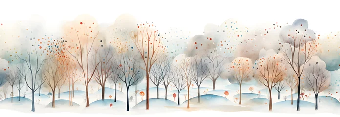 Fotobehang Winter snowy trees watercolor horizontal banner isolated on white background © Oksana