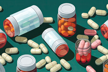 Illustration of pills and pill bottles.