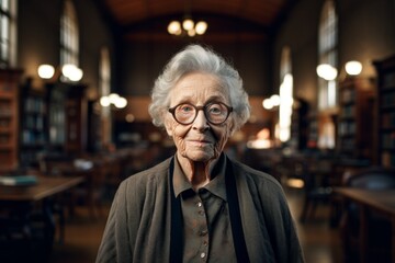 Portrait of a glad elderly 100 year old woman dressed in a relaxed flannel shirt against a classic library interior. AI Generation