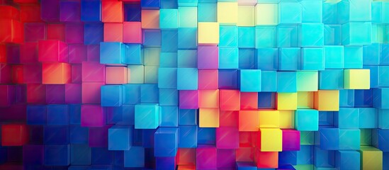 In the abstract design of the background a vibrant and multi colored pattern of squares intertwines with various gradients and textures creating a visually captivating composition reminisce