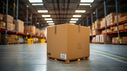 Cardboard box on pallet in warehouse. Logistics and transportation concept
