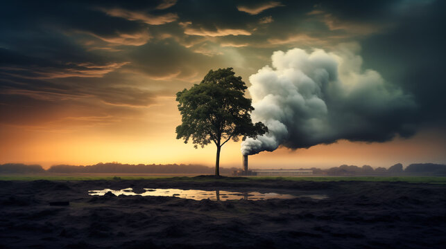 Concept of environmental pollution. Silhouette of a tree at sunset.
