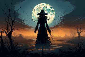 Illustration of witch in the foreground with the rising moon in the background.