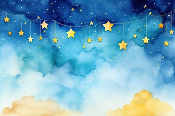 Golden stars  surrounded by blue clouds on night sky. Cute children background. Watercolor baby backdrop with copy space for greeting card, print, invitation,  poster, nursery, baby shower