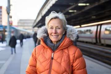 Fototapeta premium Portrait of a happy woman in her 60s sporting a quilted insulated jacket against a modern city train station. AI Generation
