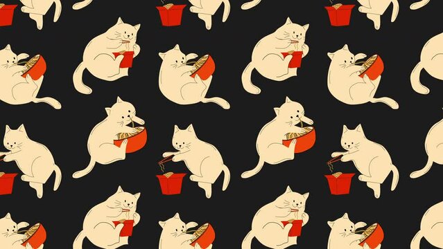 Cute Cartoon cats eating noodles and uses chopsticks.. Old animation Loop Background. Video flat cartoon animation design element. 4K video footage