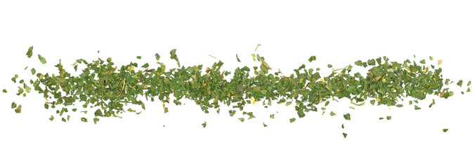 Chopped dry parsley leaves, pile isolated on white background, top view
