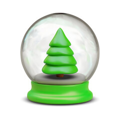 Green Christmas tree without decorations and snow in glass ball. Vector mockup, place for logo, decorations, event dates. Color illustration in realistic style. Isolated image with shadow
