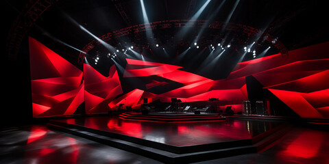 Event stage with award podium and light beams, red, white, black tone