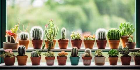 Obraz na płótnie Canvas many cacti and succulents in clay pots on the windows