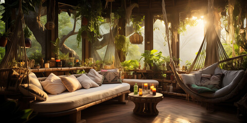 Eco-house interior among forest and green plants, decorated with hammocks, sofa and pillows for a relaxing atmosphere - obrazy, fototapety, plakaty