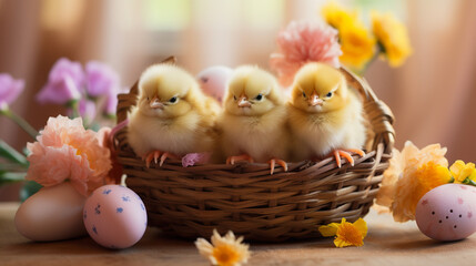 fluffy yellow little chicks in an Easter basket