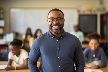 Fototapeta premium smiling African American man wearing glasses teaching in classroom. AI Generated