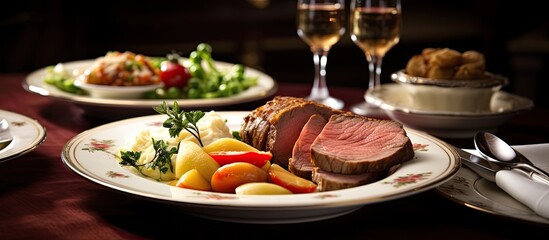 In the background of the tastefully decorated dining room a plate of fresh and healthy gourmet food was placed featuring a white apple as an enticing appetizer for the delightful dinner mea