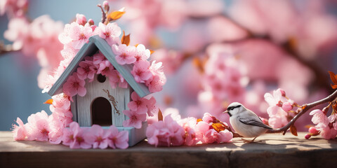 a beautiful birdhouse on a branch with blooming pink flowers and a flying bird - obrazy, fototapety, plakaty