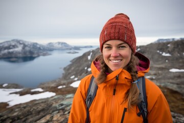 Fototapeta na wymiar Portrait of a smiling woman in her 20s sporting a technical climbing shirt against a backdrop of an arctic landscape. AI Generation