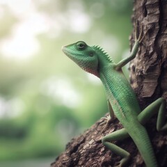 Naklejka na ściany i meble green lizard on a branch in the forest