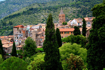 Fototapeta na wymiar View of the historic part of the city of Tivoli (Italy) with the bell tower of the Cathedral and green hills in the background