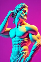 Obraz na płótnie Canvas Upper body statue of a greek god zeus facing forward on a retro neon striped background from Generative AI