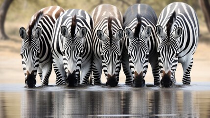 Fototapeta na wymiar A group of zebras drinking water from a serene pond, their reflections visible on the water's surface.