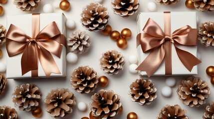 Fototapeta na wymiar Elegant Holiday Gifts Wrapped in White with Copper Ribbons and Pinecone Decorations