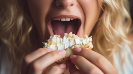 woman eating a cake with cream extremely closeup - obrazy, fototapety, plakaty