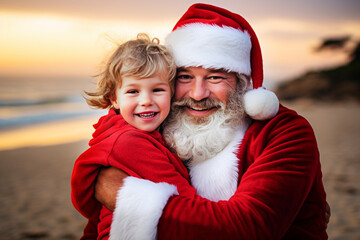 Obraz premium Santa Claus and little boy on the beach at Christmas time. Happy family. Selective focus