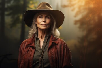 Portrait of a glad woman in her 60s wearing a rugged cowboy hat against a backdrop of a mystical forest. AI Generation