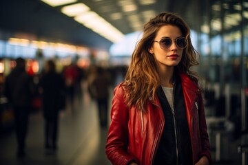 Portrait of a merry woman in her 30s sporting a stylish leather blazer against a bustling airport terminal background. AI Generation