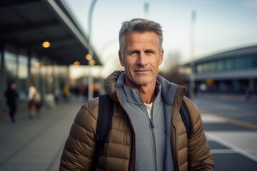 Portrait of a tender man in his 50s showing off a lightweight base layer against a bustling airport terminal background. AI Generation