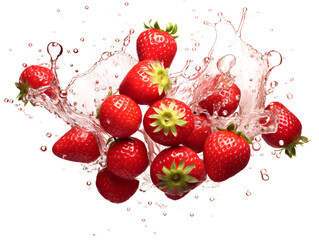 Juicy Falling Strawberries, isolated on a transparent or white background