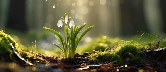 Poster In the blooming forest of spring a white snowdrop emerged from the lush green garden bringing hope and rejuvenation to the surrounding plants and orchard © TheWaterMeloonProjec
