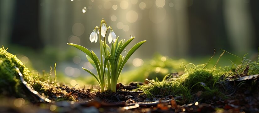 In the blooming forest of spring a white snowdrop emerged from the lush green garden bringing hope and rejuvenation to the surrounding plants and orchard