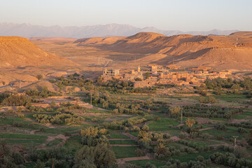 Village in the green fertile riverbed of the Draa river in the Sahara Desert with typical architecture