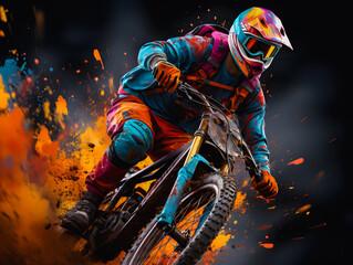 Fototapeta premium Mountain biking. Silhouette of a cyclist descending at high speed on a colorful abstract background.