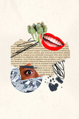 Vertical collage image of girl eye laughing smiling mouth poppy plant piece book paper page...