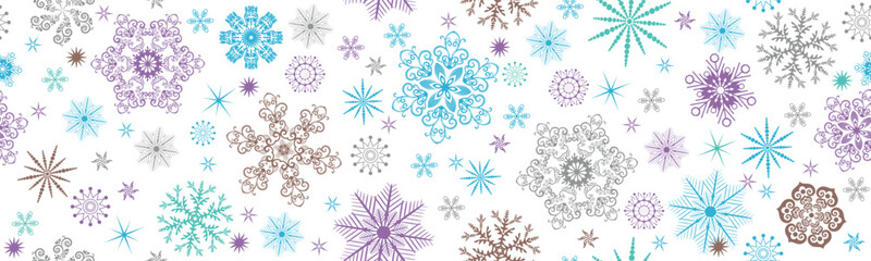 Vector seamless Christmas pattern with lace colorful snowflakes on a transparent background