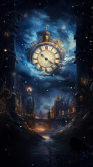 New Years eve midnight clock at winter magical night