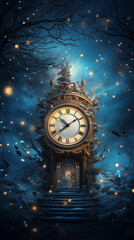 New Years eve midnight clock at winter magical night - obrazy, fototapety, plakaty