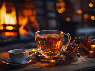 A glass transparent mug with hot tea standing on a table in a cozy living room with a burning fireplace in the background. Winter climate