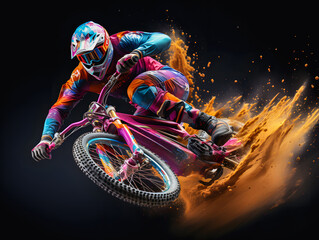 Obraz premium Mountain biking. Silhouette of a cyclist descending at high speed on a colorful abstract background.