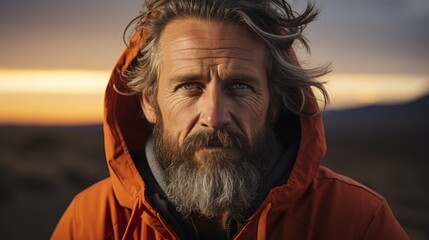 45-jähriger Mann mit Bart und leicht grauen Haaren trägt orangefarbene Kapuzenjacke zum Sonnenuntergang  - obrazy, fototapety, plakaty