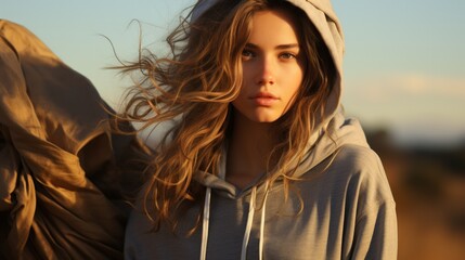 Young Woman with Flowing Hair in Hoodie at Golden Hour in the Countryside