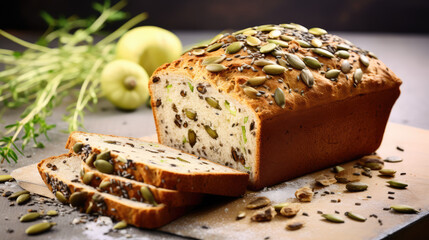 Multi grain yeast-free bread with seeds and sprouts in minimal kitchen design. Healthy food, wholesome bread for a nutritious diet.